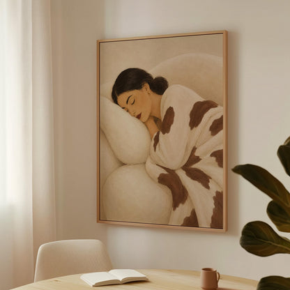 Woman asleep on a pillow under a cream blanket with brown markings, canvas print presented in a light, minimal room