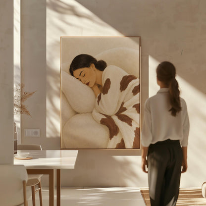 Woman asleep on a pillow under a cream blanket with brown markings, canvas print on a quiet wall in a considered interior