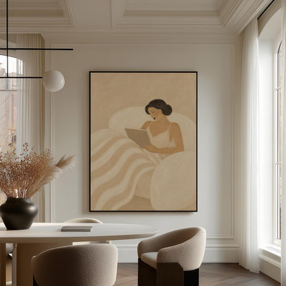 Woman in a white slip sitting up in bed reading in morning light, canvas print on a quiet wall in a considered interior