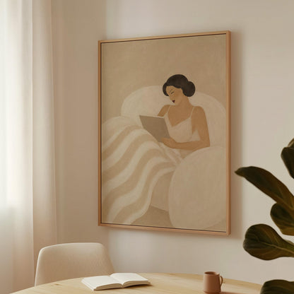 Woman in a white slip sitting up in bed reading in morning light, canvas print shown in a sunlit, contemporary room