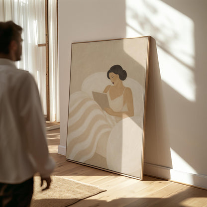 Woman in a white slip sitting up in bed reading in morning light, canvas wall art styled against a soft white wall