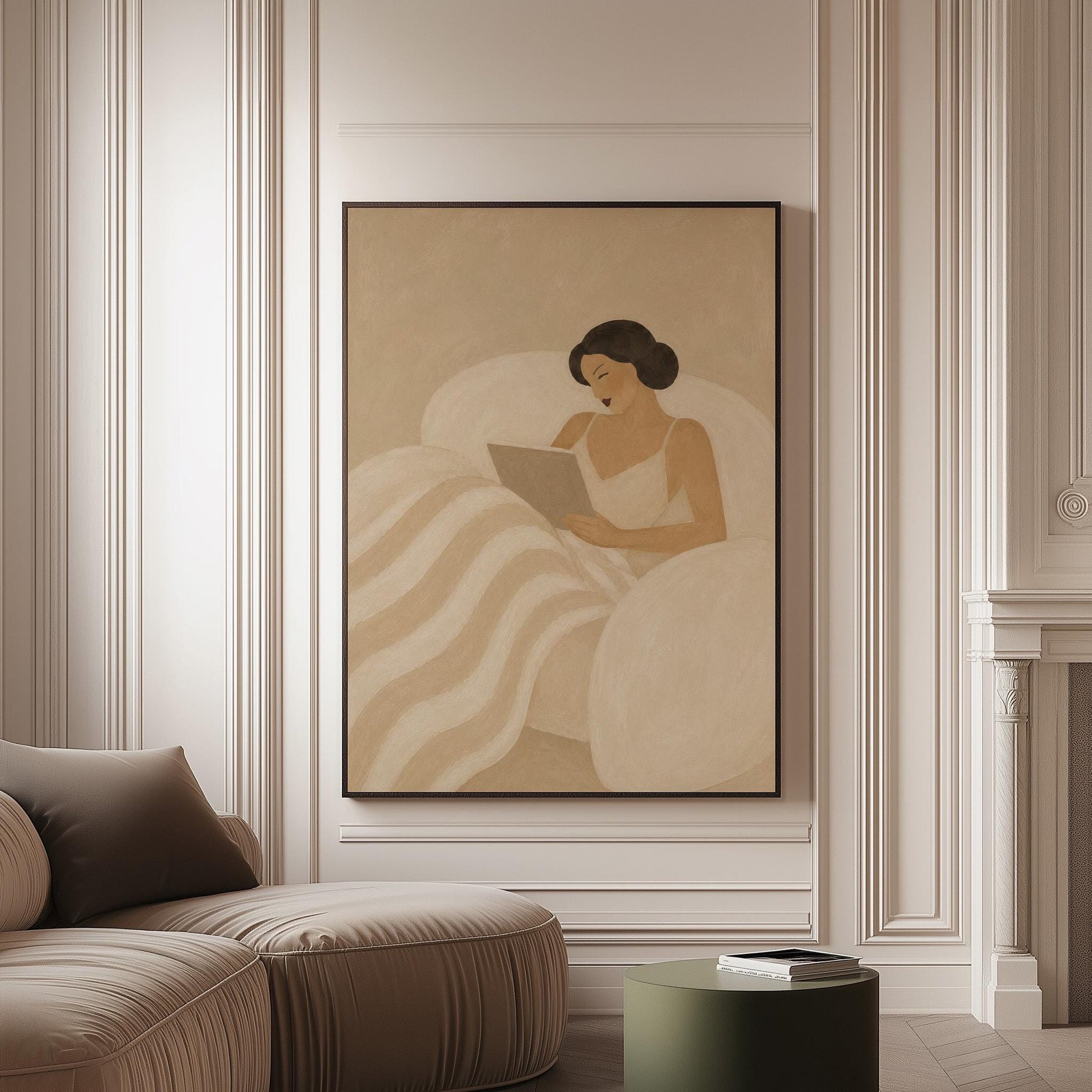 Woman in a white slip sitting up in bed reading in morning light, canvas print on a softly lit wall in a calm interior