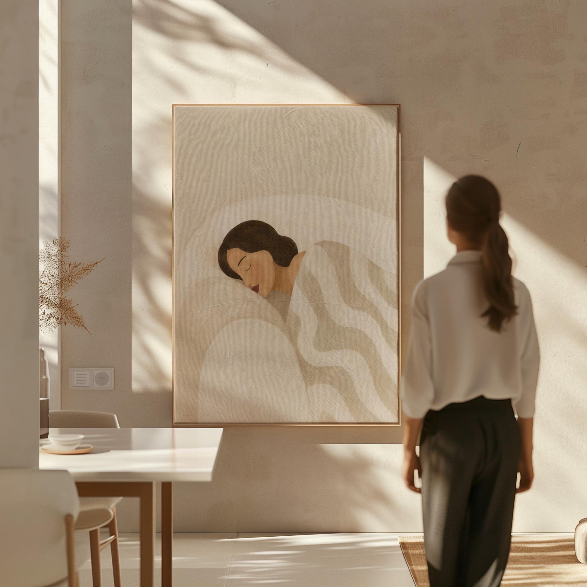 Woman asleep beneath a quilt of rolling cream and sand wave shapes, canvas print seen in a warm interior with natural light