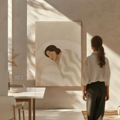 Woman asleep beneath a quilt of rolling cream and sand wave shapes, canvas print seen in a warm interior with natural light