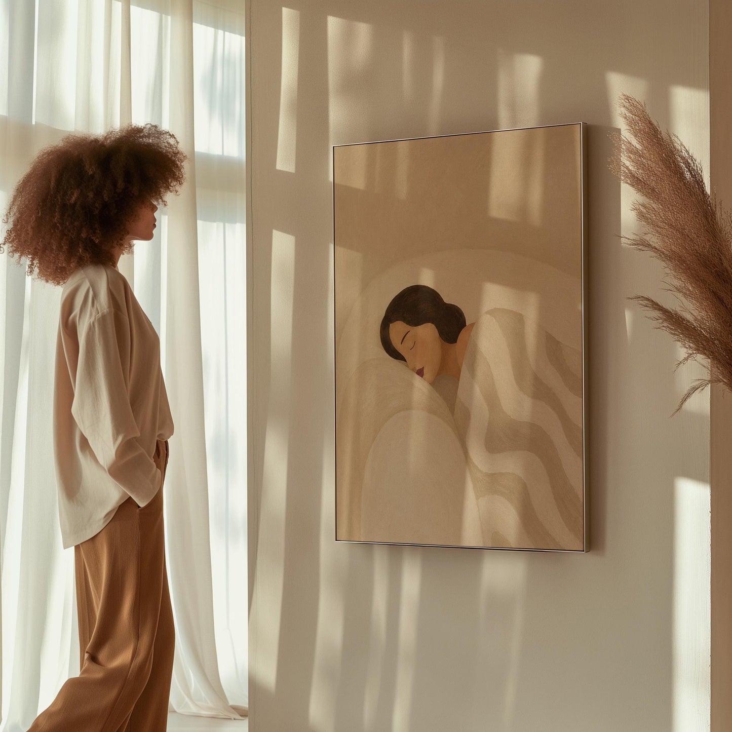 Woman asleep beneath a quilt of rolling cream and sand wave shapes, canvas print shown to scale in a furnished room