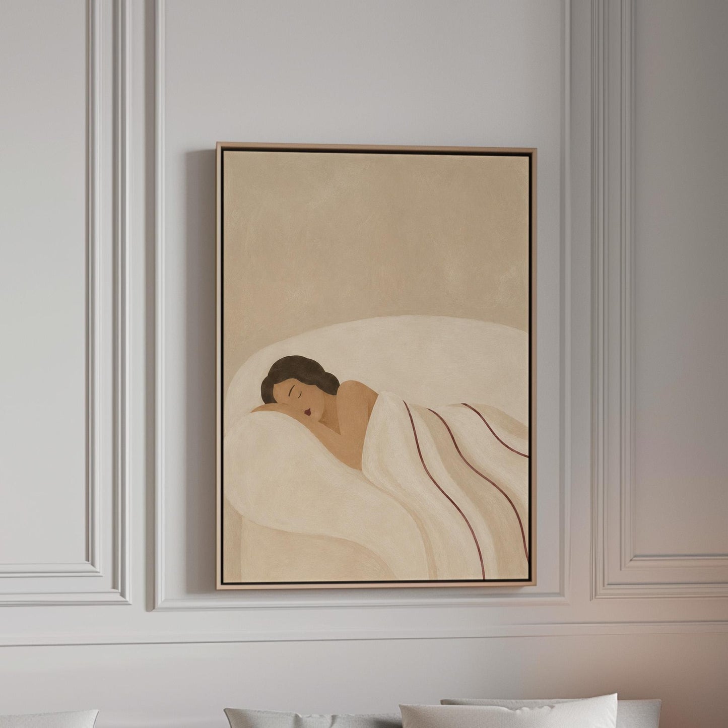 Woman asleep on her side under white linen with thin maroon lines, canvas print in a bright room with natural daylight