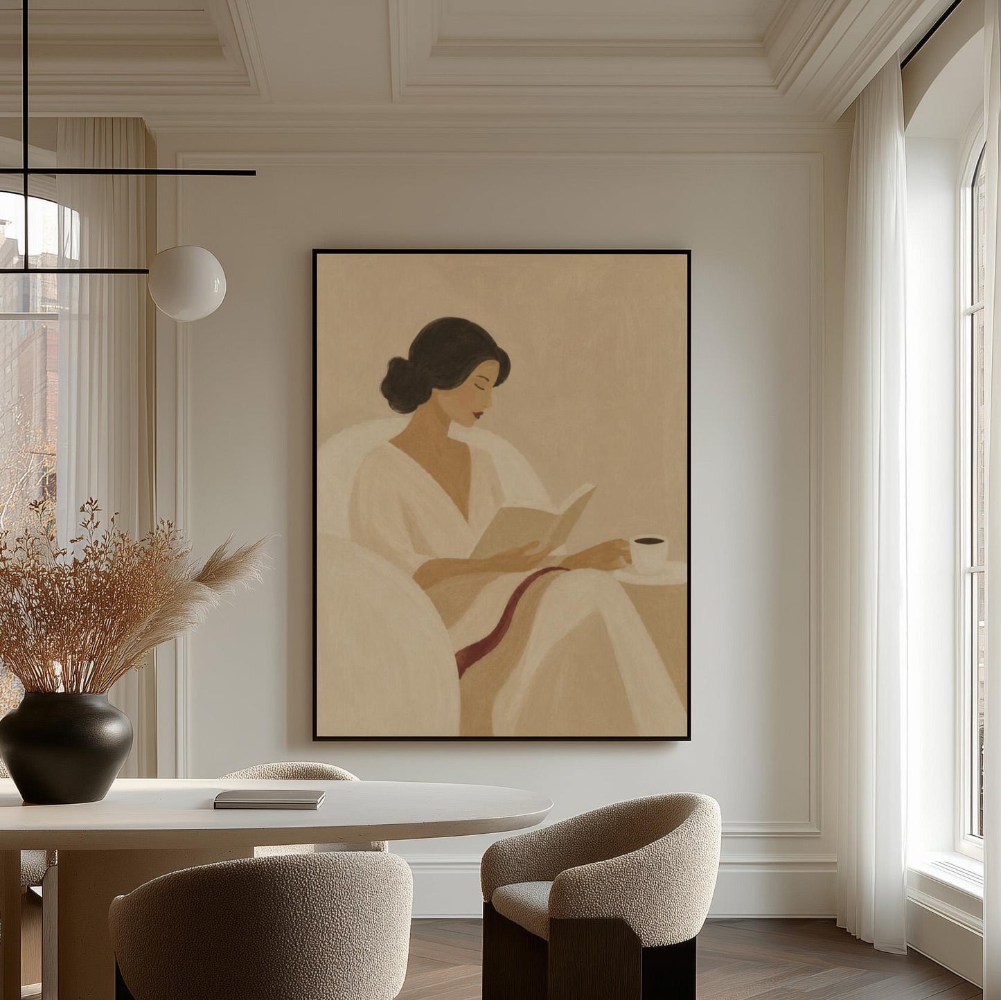 Woman in a white robe reading in an armchair with a black coffee, canvas print on a quiet wall in a considered interior