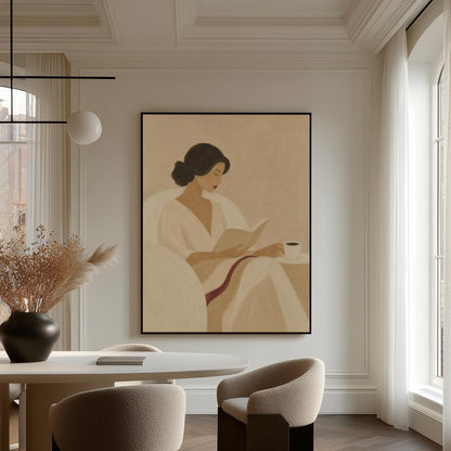 Woman in a white robe reading in an armchair with a black coffee, canvas print on a quiet wall in a considered interior