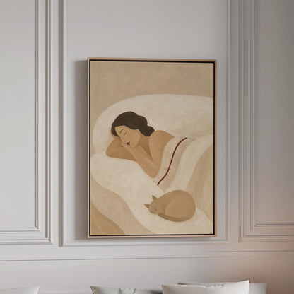 Woman sleeping with a small white cat curled at the foot of the bed, canvas print in a bright room with natural daylight