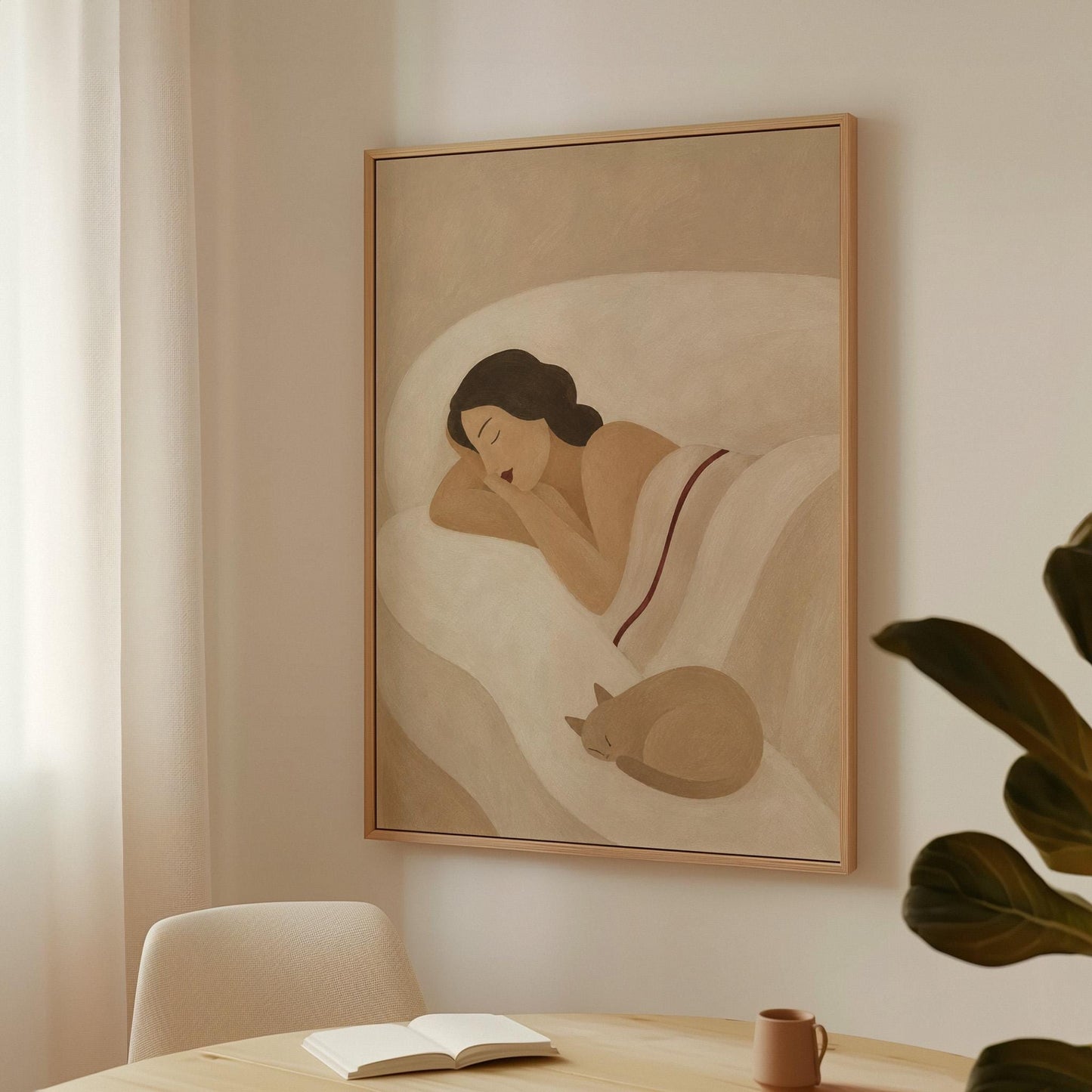 Woman sleeping with a small white cat curled at the foot of the bed, canvas print styled against a soft white wall