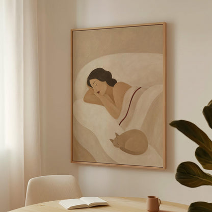 Woman sleeping with a small white cat curled at the foot of the bed, canvas print styled against a soft white wall