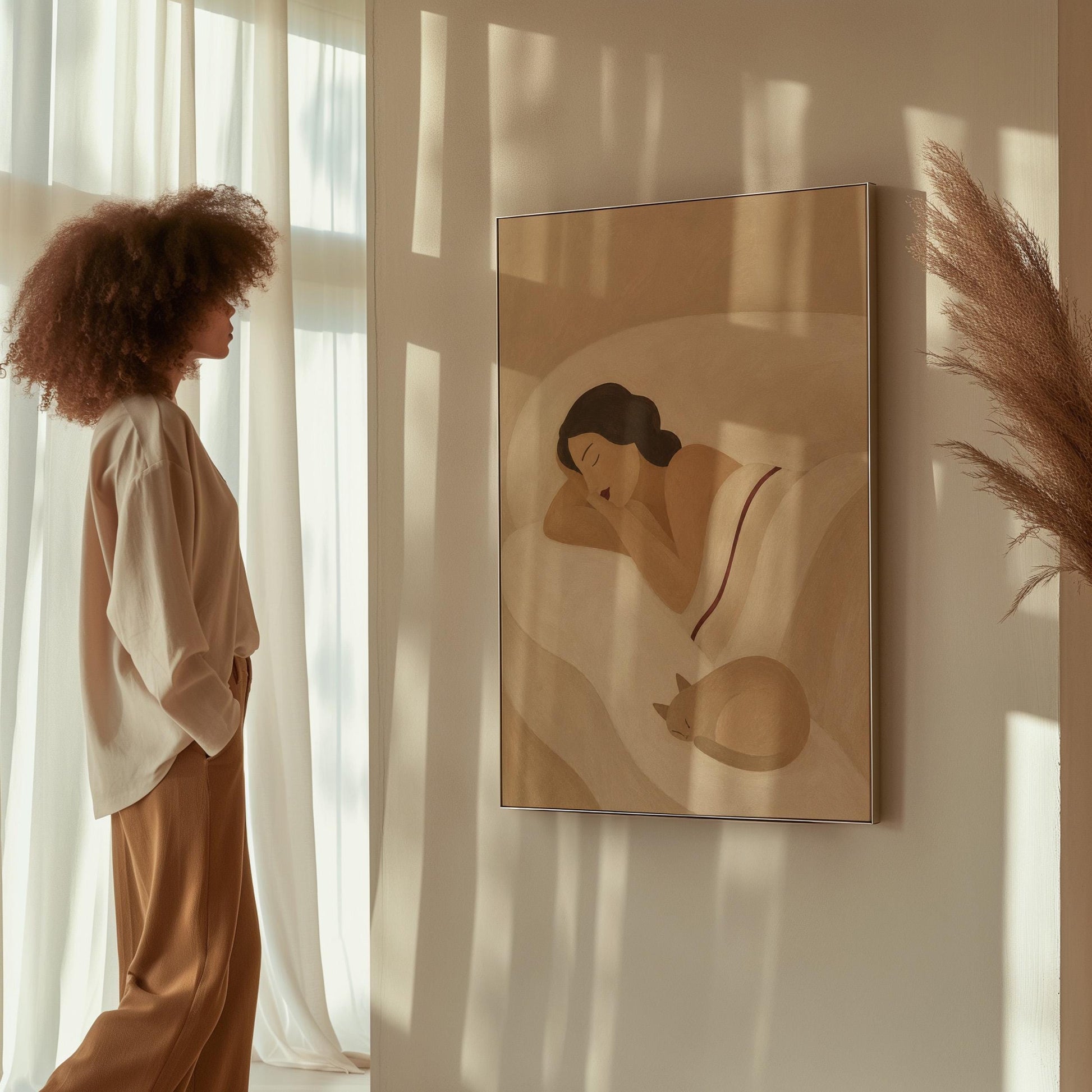 Woman sleeping with a small white cat curled at the foot of the bed, canvas print displayed on a neutral wall in a styled interior