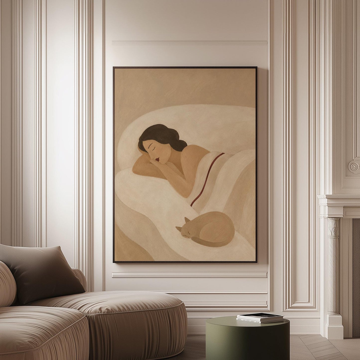 Woman sleeping with a small white cat curled at the foot of the bed, canvas print on a softly lit wall in a calm interior