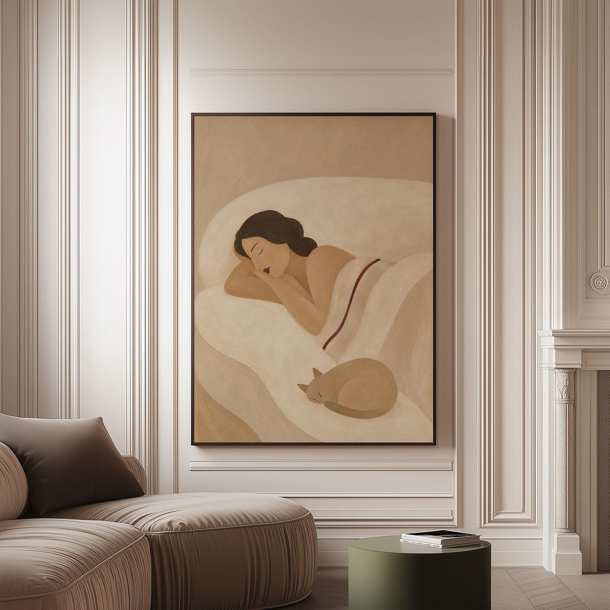 Woman sleeping with a small white cat curled at the foot of the bed, canvas print on a softly lit wall in a calm interior