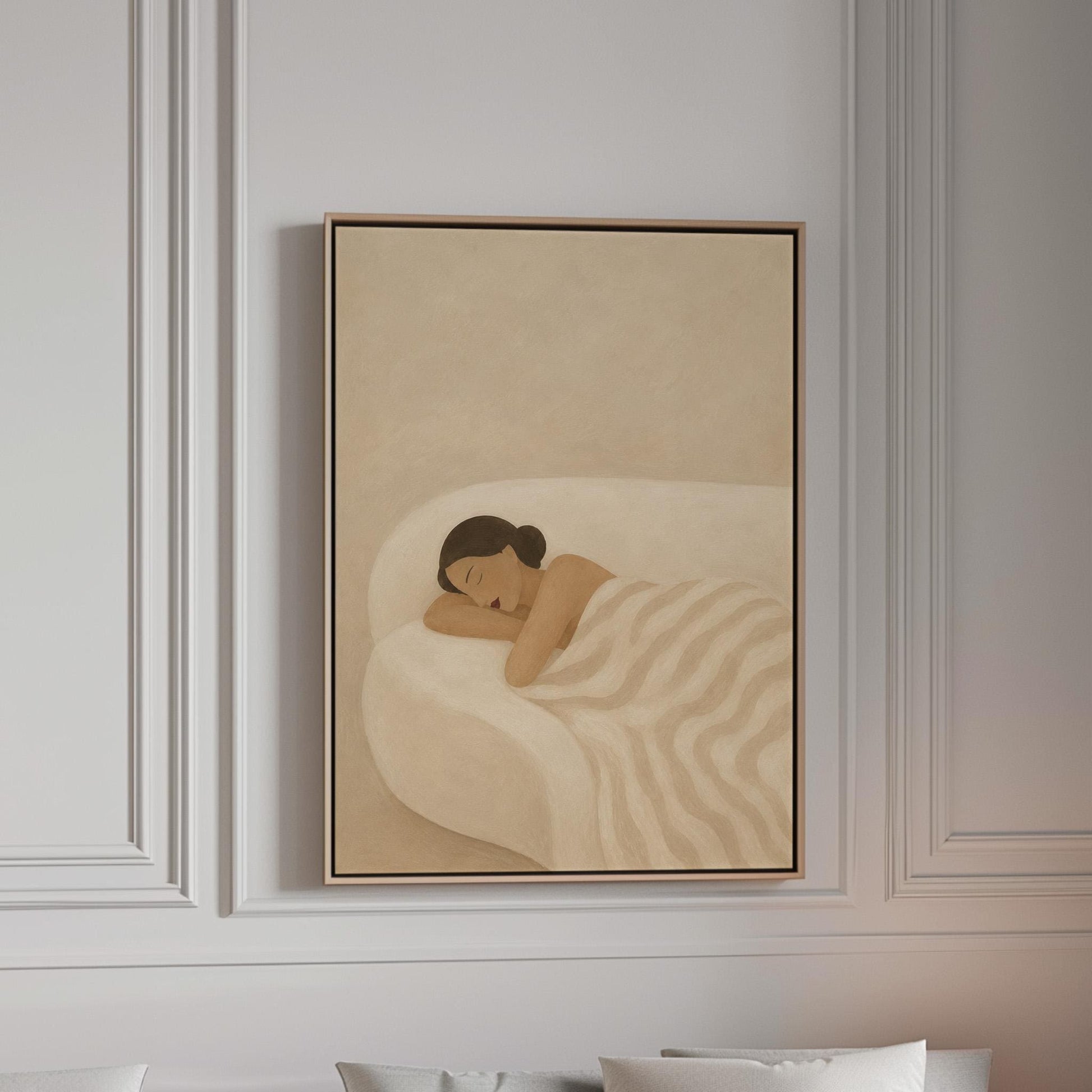 Woman sleeping with hands under her cheek beneath a soft striped quilt, canvas print in a bright room with natural daylight