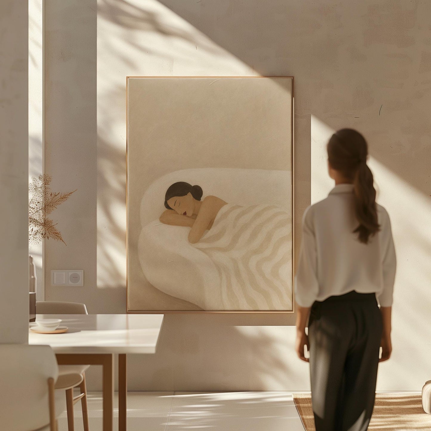 Woman sleeping with hands under her cheek beneath a soft striped quilt, canvas print shown in a sunlit, contemporary room