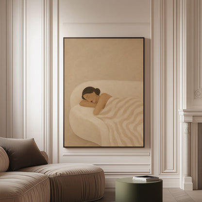 Woman sleeping with hands under her cheek beneath a soft striped quilt, canvas print on a softly lit wall in a calm interior