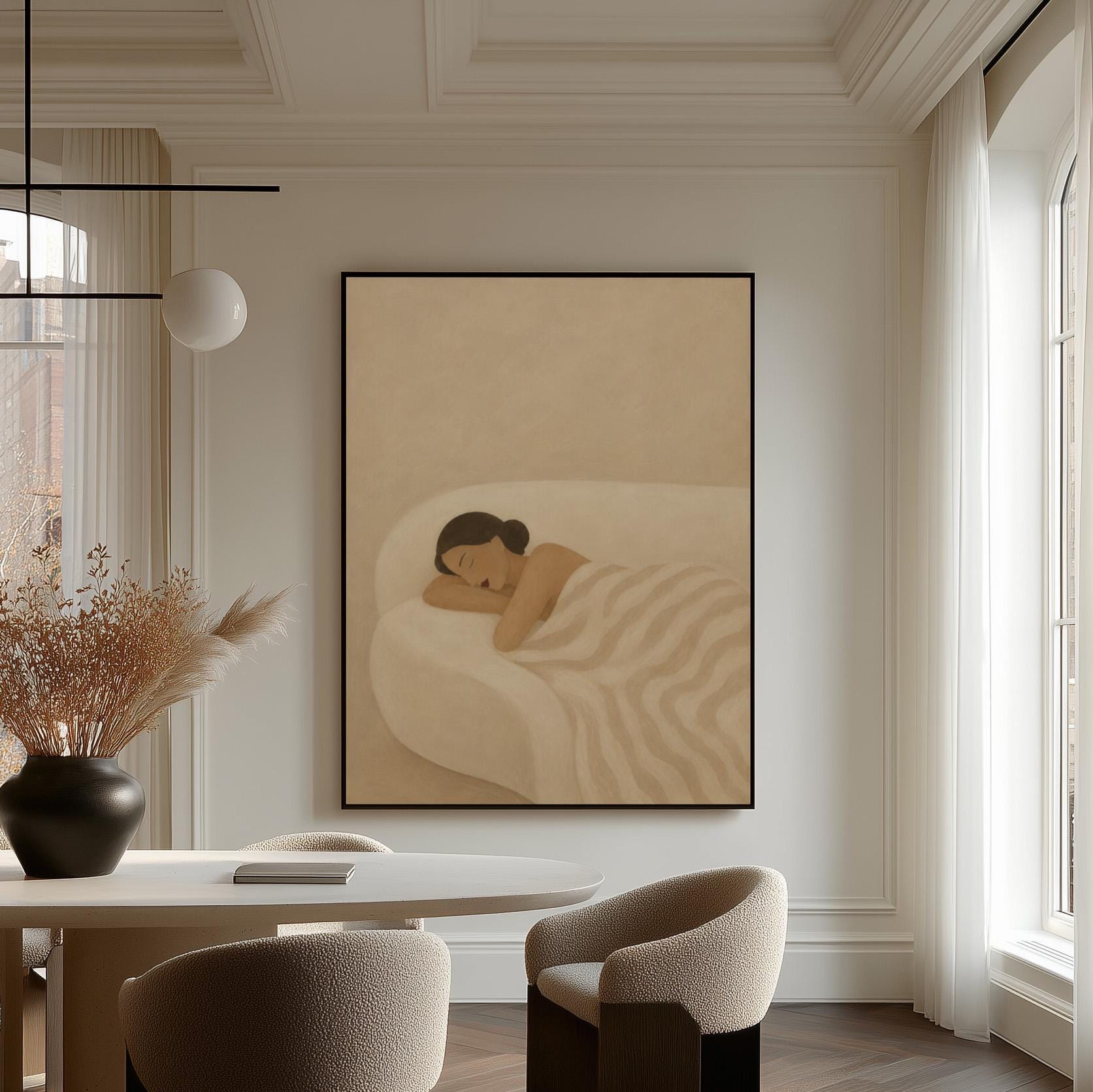Woman sleeping with hands under her cheek beneath a soft striped quilt, canvas wall art on a quiet wall in a considered interior