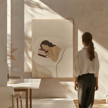 Woman resting her cheek on a stack of cream and burgundy books, canvas print seen in a warm interior with natural light