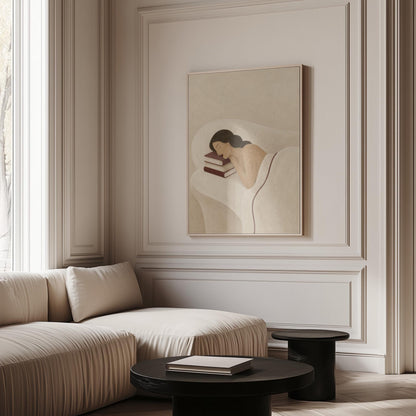 Woman resting her cheek on a stack of cream and burgundy books, canvas print shown to scale in a furnished room