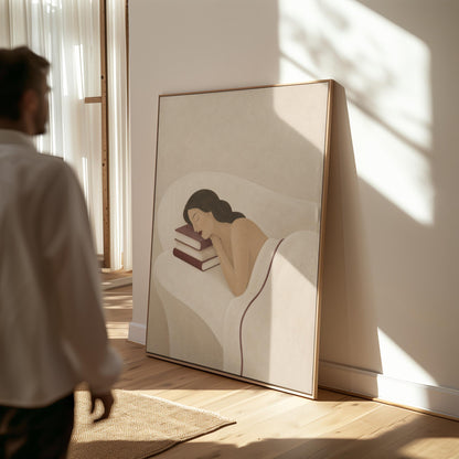 Woman resting her cheek on a stack of cream and burgundy books, canvas wall art seen in a warm interior with natural light