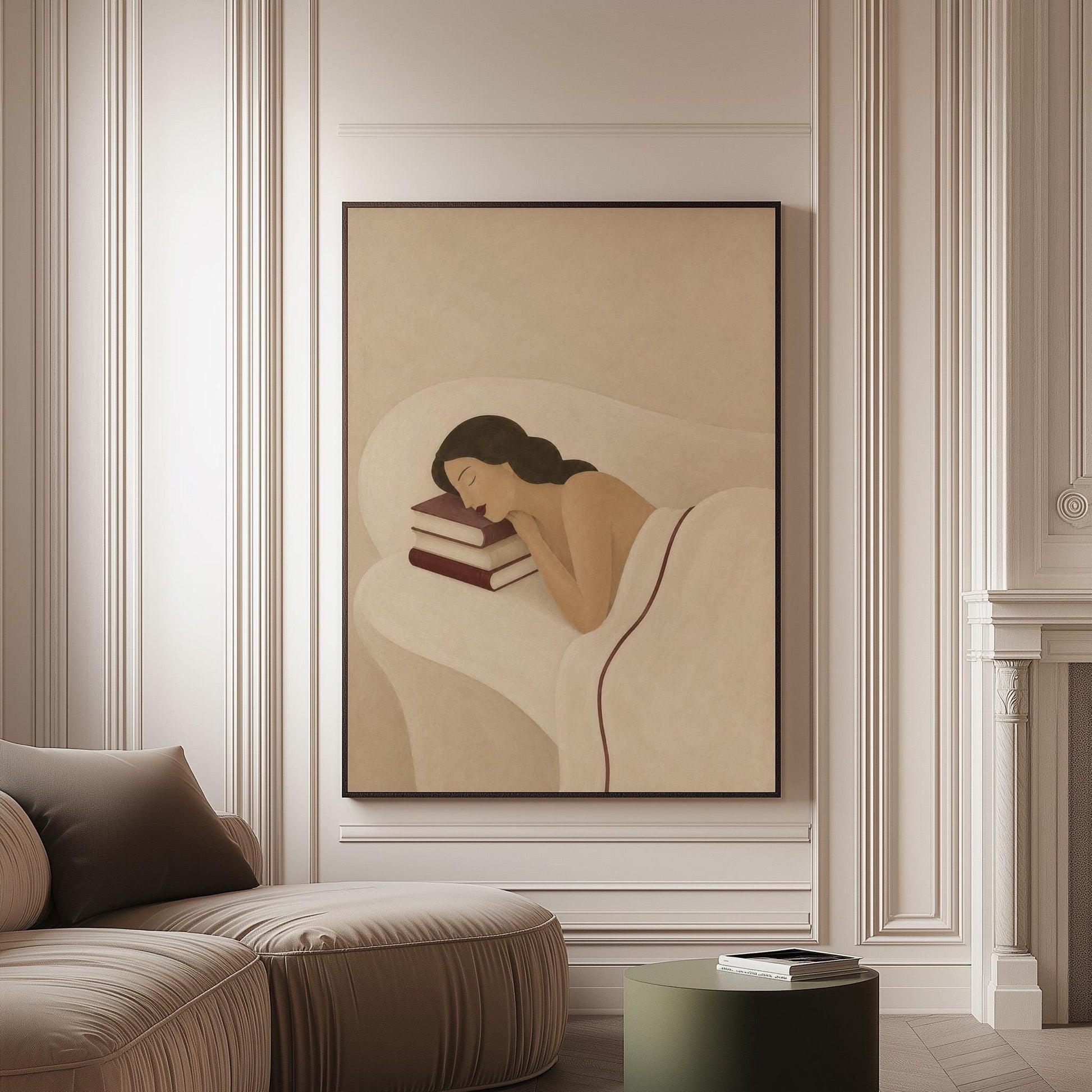 Woman resting her cheek on a stack of cream and burgundy books, canvas print on a softly lit wall in a calm interior
