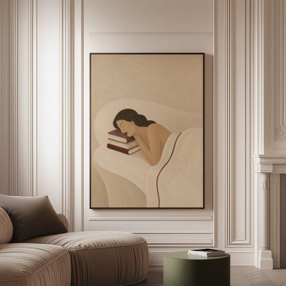 Woman resting her cheek on a stack of cream and burgundy books, canvas print on a softly lit wall in a calm interior