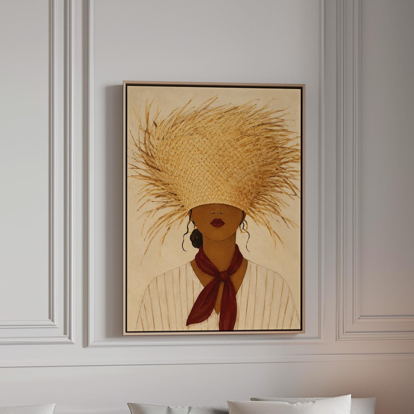 Woman in a huge fringed straw hat with a red scarf and striped shirt, canvas print in a bright room with natural daylight