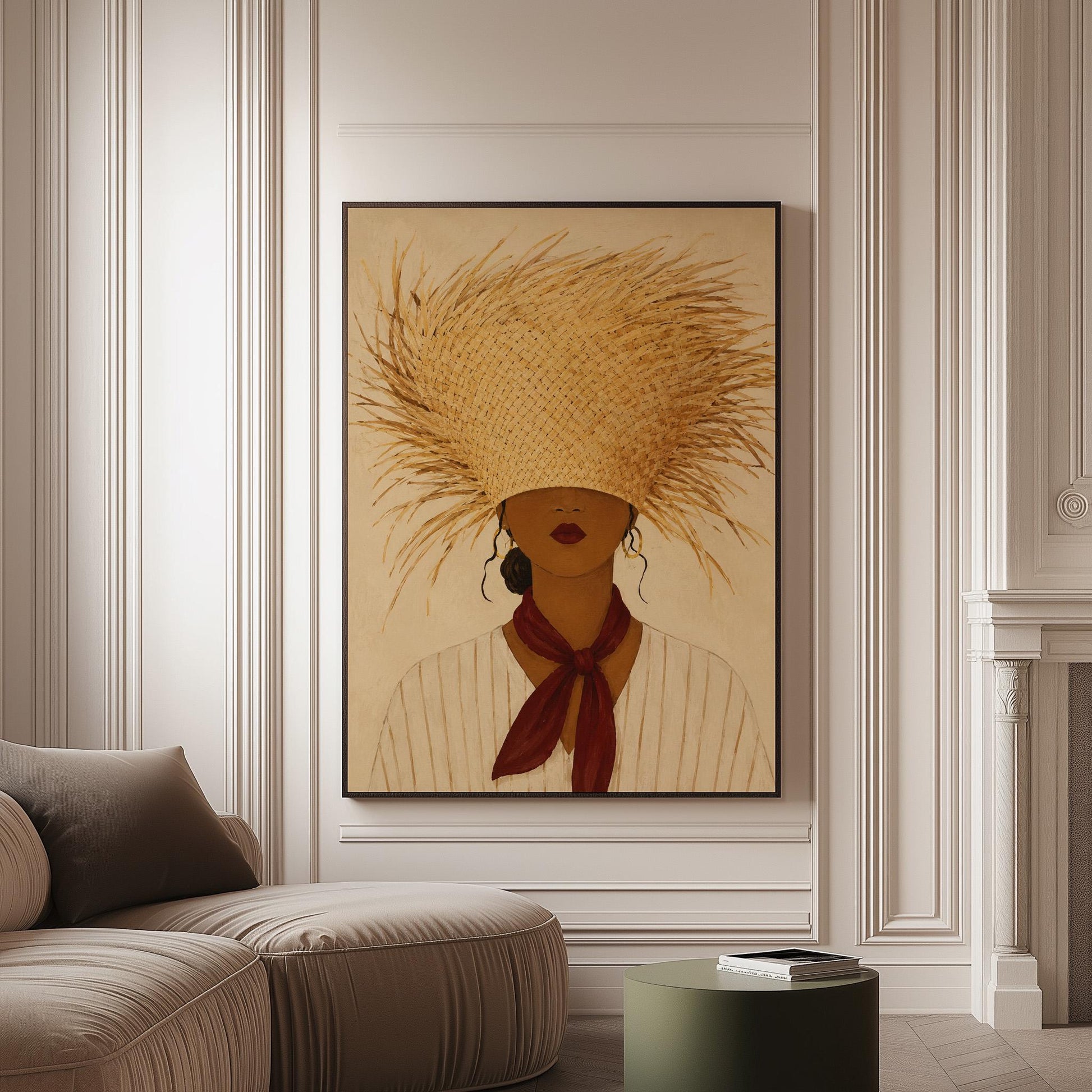 Woman in a huge fringed straw hat with a red scarf and striped shirt, canvas print on a softly lit wall in a calm interior