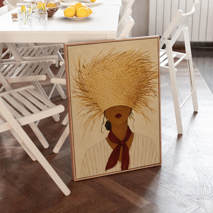 Woman in a huge fringed straw hat with a red scarf and striped shirt, canvas print seen in a warm interior with natural light