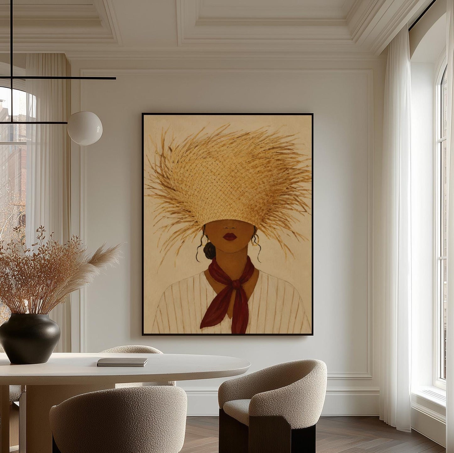 Woman in a huge fringed straw hat with a red scarf and striped shirt, canvas print presented in a light, minimal room