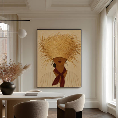 Woman in a huge fringed straw hat with a red scarf and striped shirt, canvas print presented in a light, minimal room
