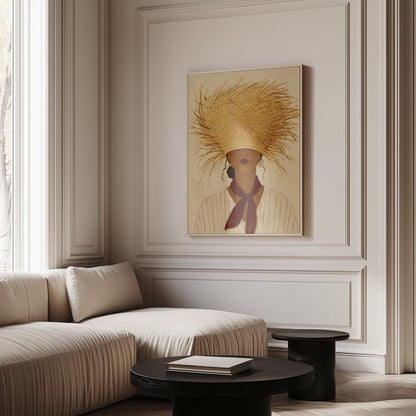 Woman in a huge fringed straw hat with a red scarf and striped shirt, canvas print shown to scale in a furnished room