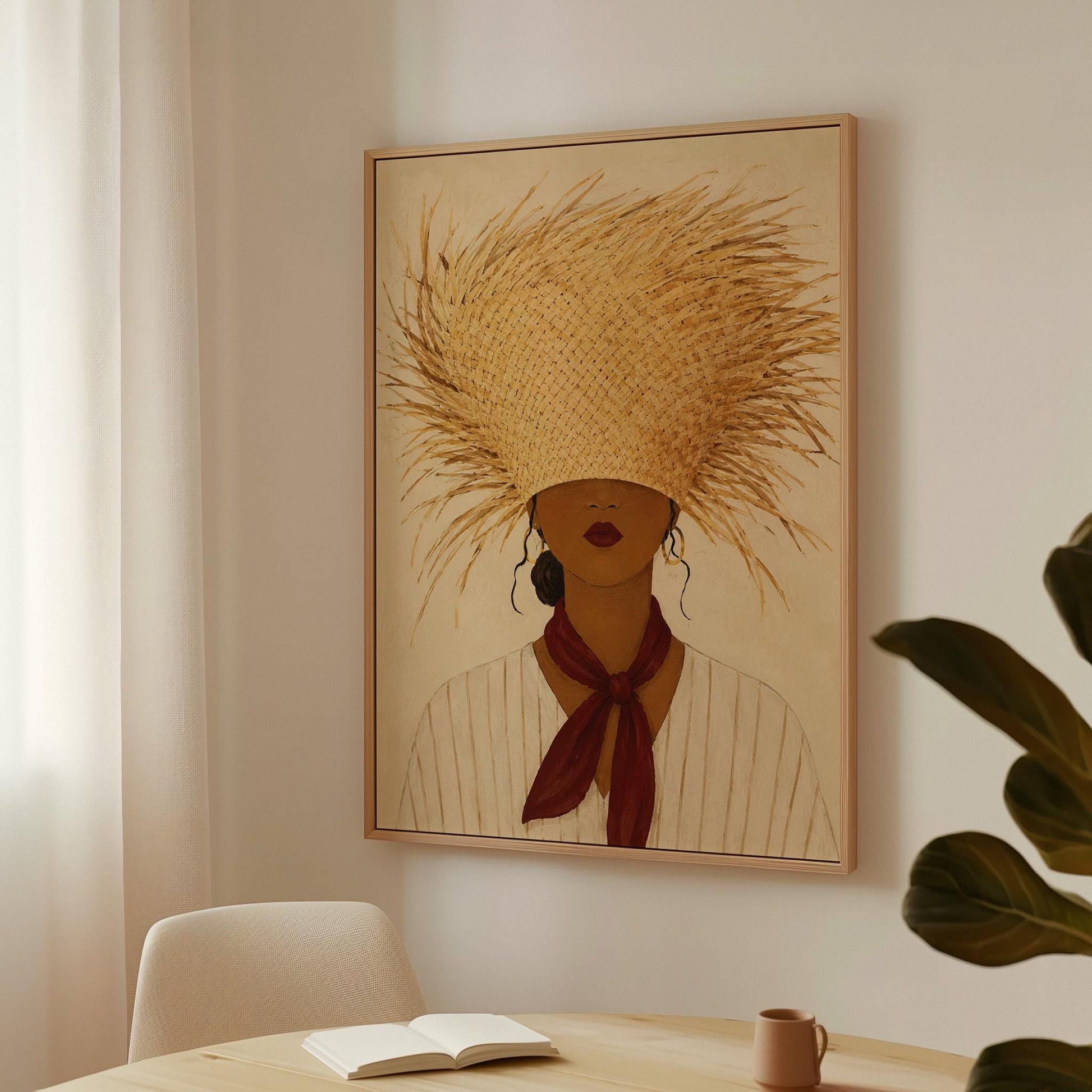 Woman in a huge fringed straw hat with a red scarf and striped shirt, canvas wall art styled against a soft white wall