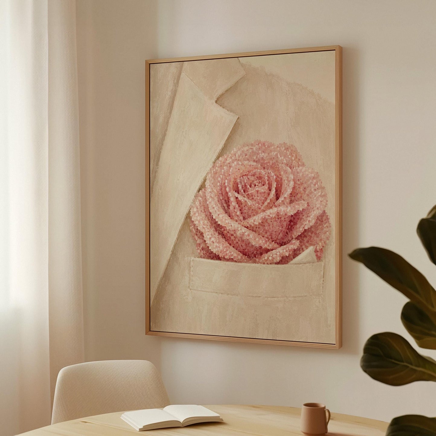 Blush pink rose with pearl beaded petals tucked into a cream pocket, canvas print hanging in a calm, modern living space