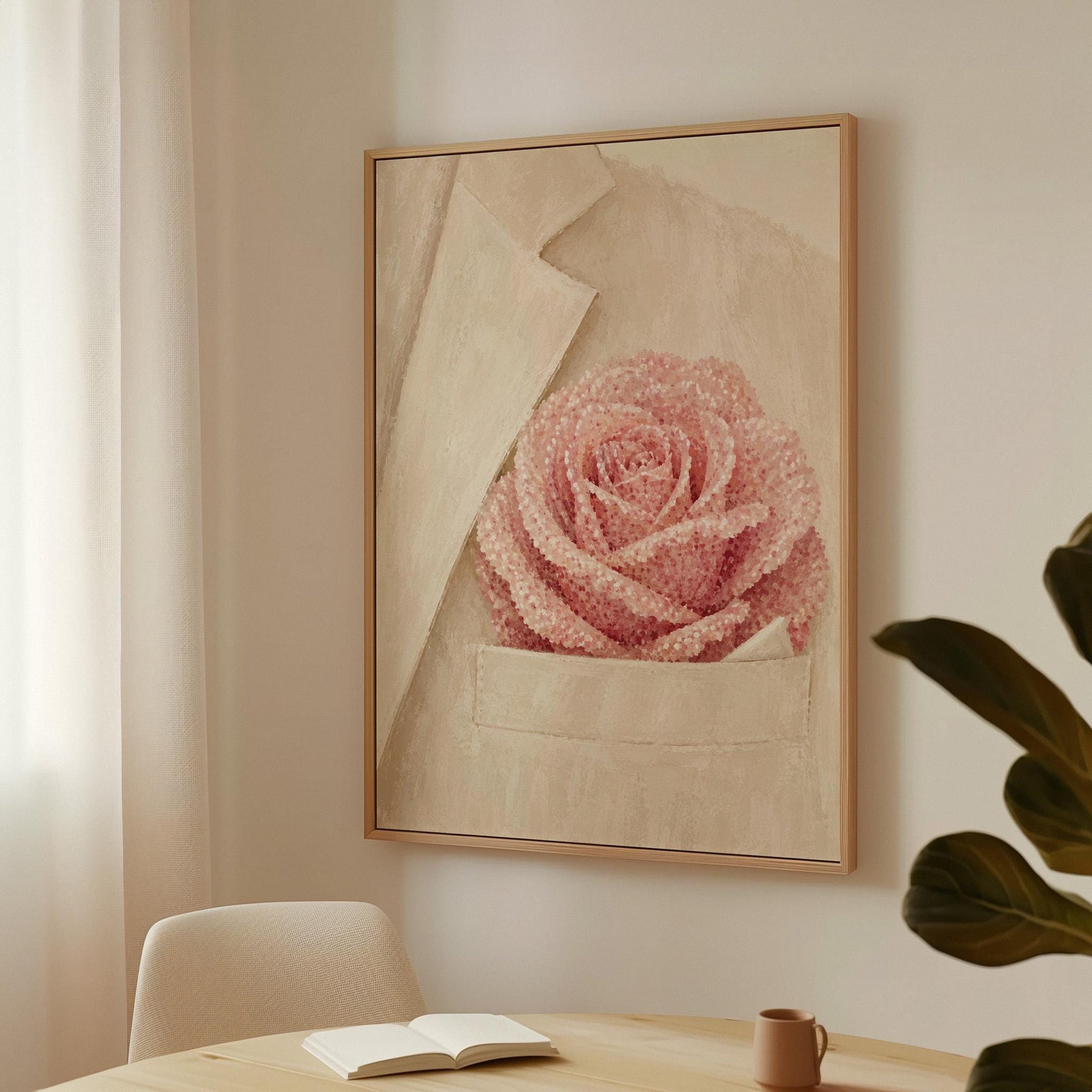 Blush pink rose with pearl beaded petals tucked into a cream pocket, canvas print hanging in a calm, modern living space