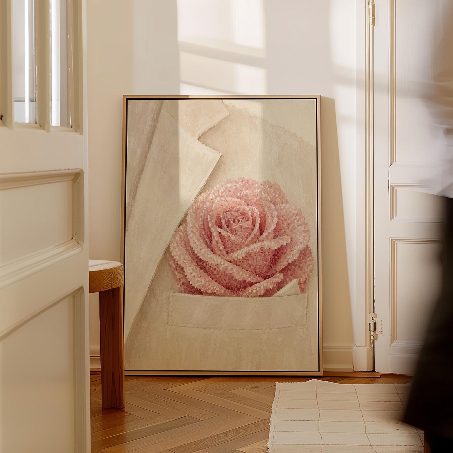 Blush pink rose with pearl beaded petals tucked into a cream pocket, canvas print seen in a warm interior with natural light