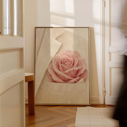 Blush pink rose with pearl beaded petals tucked into a cream pocket, canvas print seen in a warm interior with natural light