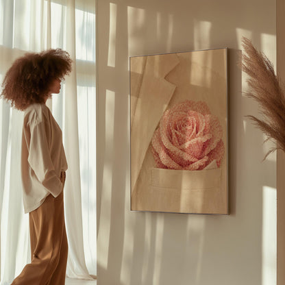 Blush pink rose with pearl beaded petals tucked into a cream pocket, canvas print on a quiet wall in a considered interior