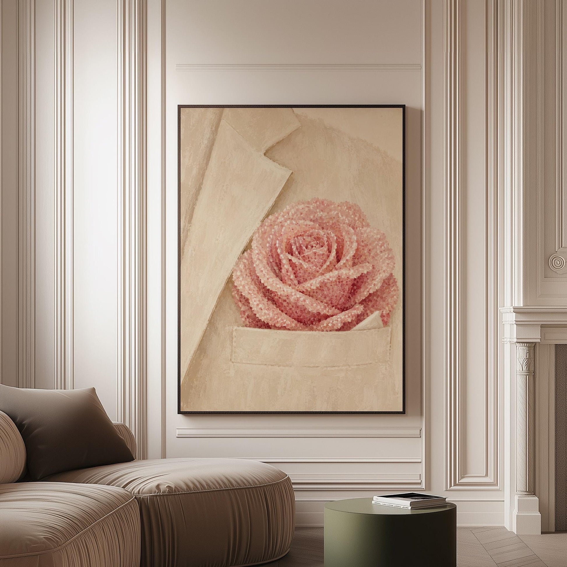 Blush pink rose with pearl beaded petals tucked into a cream pocket, canvas print on a softly lit wall in a calm interior