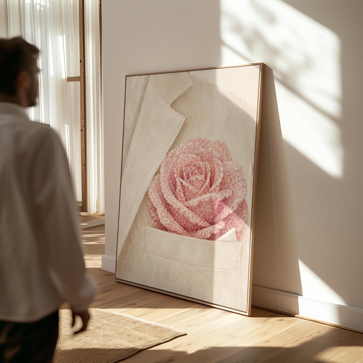 Blush pink rose with pearl beaded petals tucked into a cream pocket, canvas wall art styled against a soft white wall