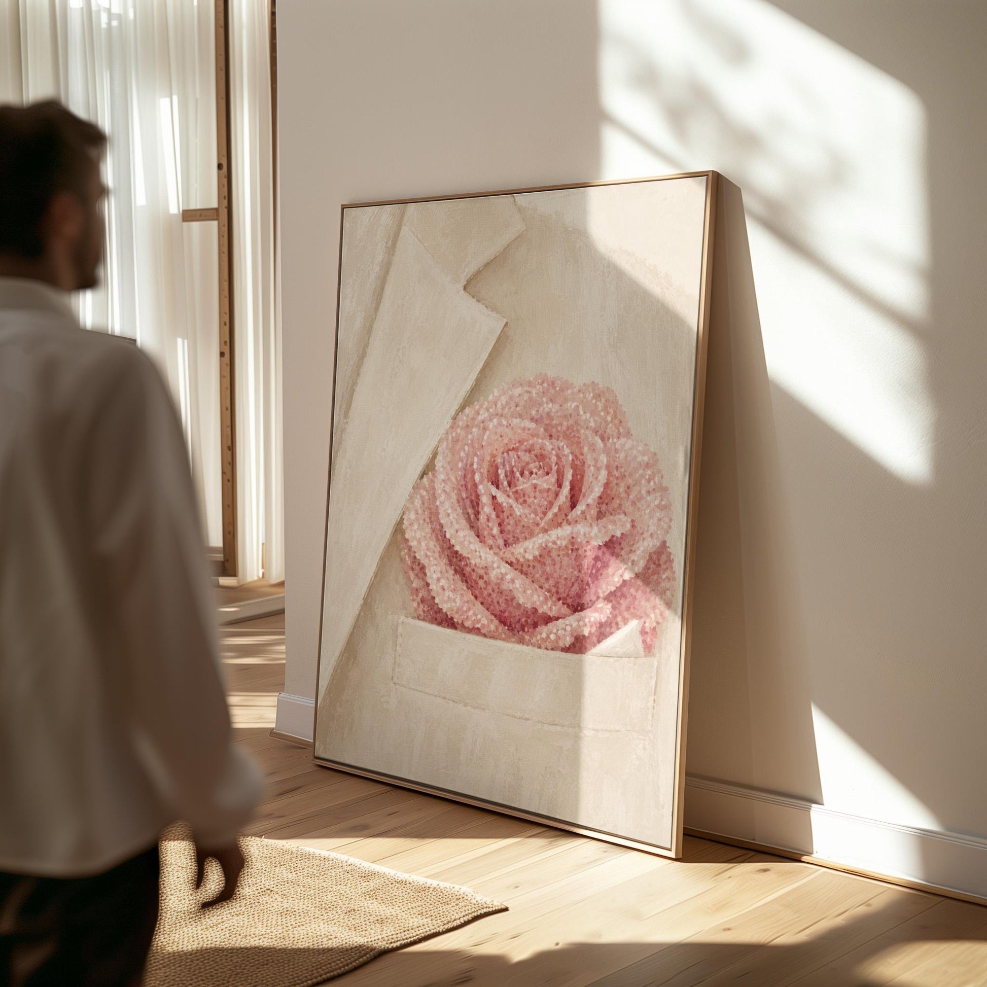 Blush pink rose with pearl beaded petals tucked into a cream pocket, canvas wall art styled against a soft white wall
