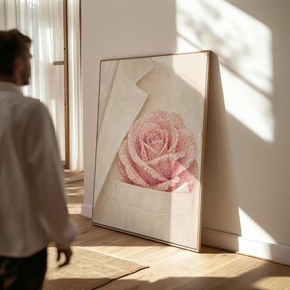 Blush pink rose with pearl beaded petals tucked into a cream pocket, canvas wall art styled against a soft white wall