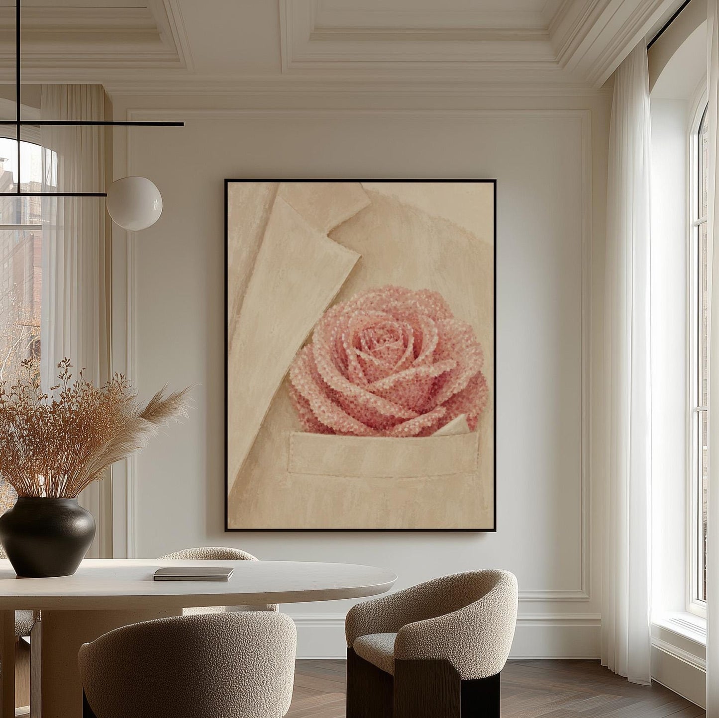 Blush pink rose with pearl beaded petals tucked into a cream pocket, canvas wall art seen in a warm interior with natural light