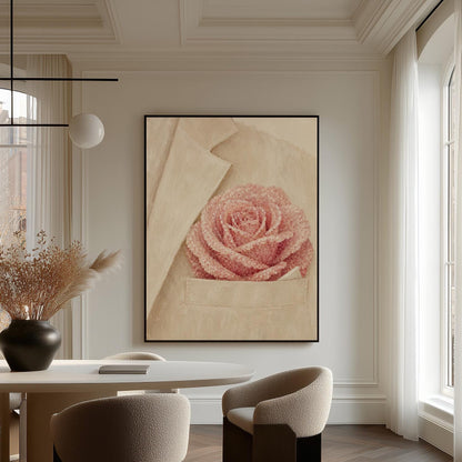 Blush pink rose with pearl beaded petals tucked into a cream pocket, canvas wall art seen in a warm interior with natural light