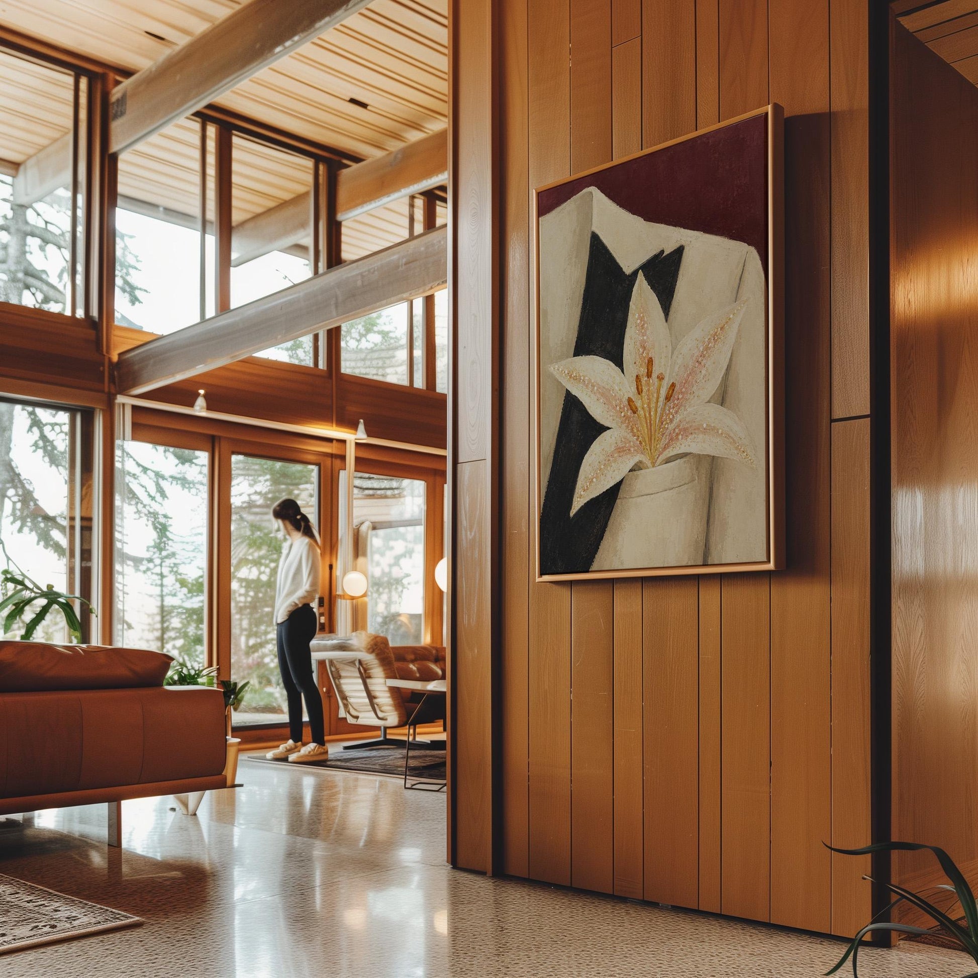 White pearl flecked lily on a cream tuxedo lapel over deep burgundy, canvas print seen in a warm interior with natural light