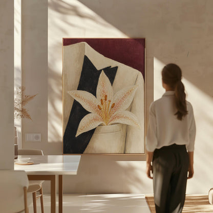 White pearl flecked lily on a cream tuxedo lapel over deep burgundy, canvas print presented in a light, minimal room