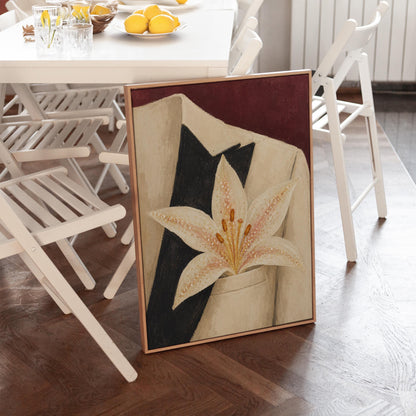 White pearl flecked lily on a cream tuxedo lapel over deep burgundy, canvas print on a quiet wall in a considered interior