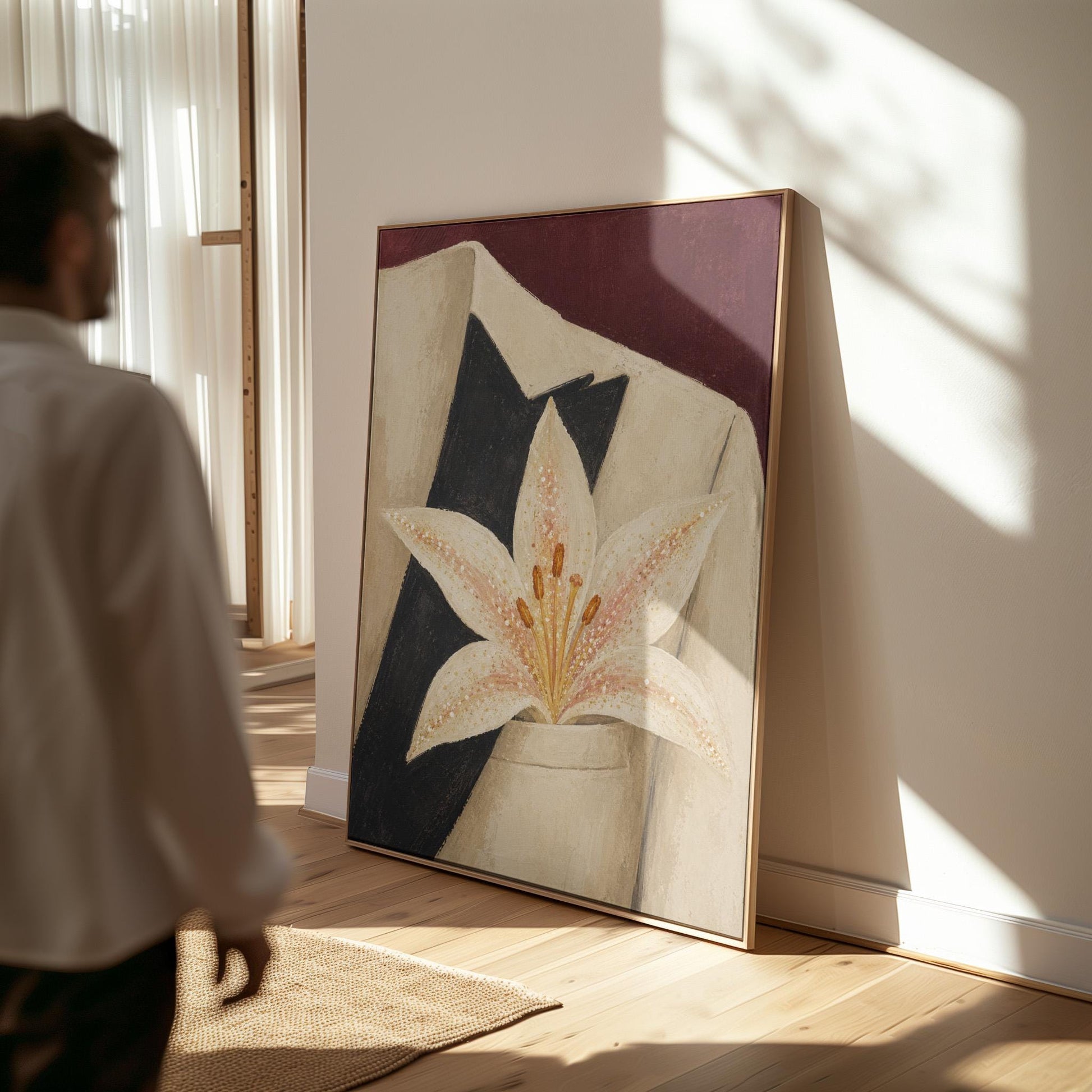 White pearl flecked lily on a cream tuxedo lapel over deep burgundy, canvas print shown to scale in a furnished room