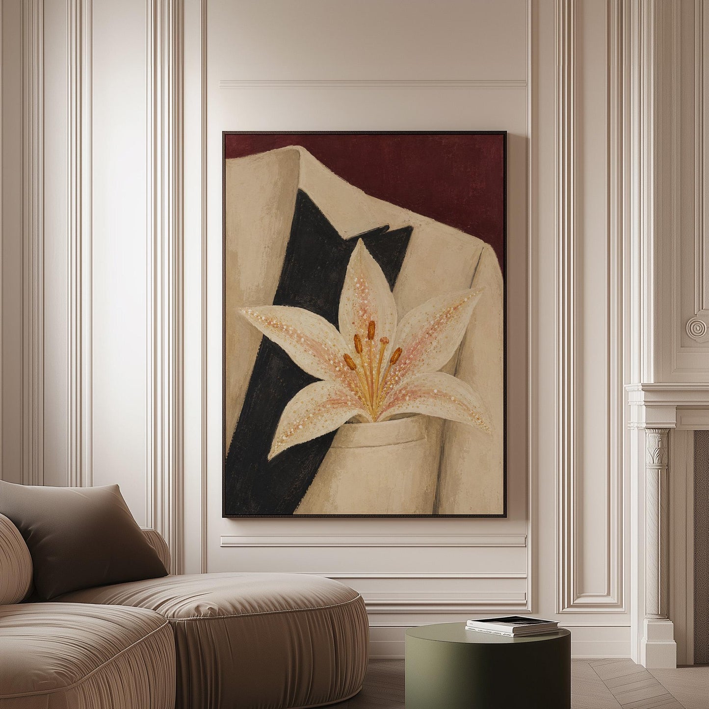 White pearl flecked lily on a cream tuxedo lapel over deep burgundy, canvas print on a softly lit wall in a calm interior